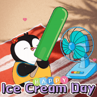 A Penguin Is Holding An Ice Cream Bar In Front Of A Fan GIF