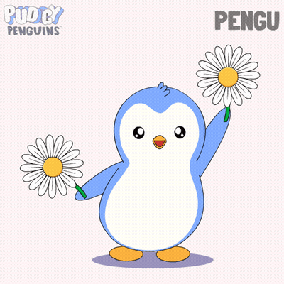 A Penguin Is Holding Two Daisies In Its Paws And The Name Pengu Is On The Bottom GIF