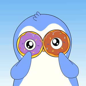 A Penguin Is Holding Two Donuts In Front Of His Eyes GIF