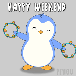 A Penguin Is Holding Two Tambourines And The Words Happy Weekend Are Above It GIF