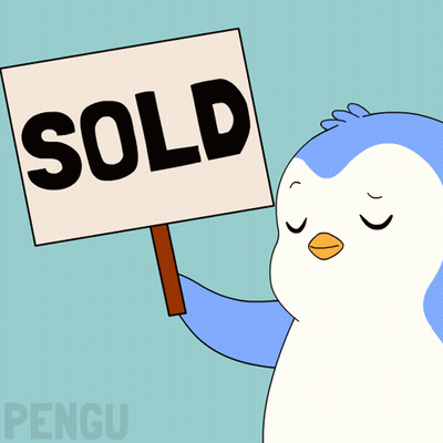 A Penguin Is Holding Up A Sold Sign With Its Eyes Closed GIF