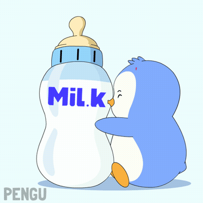 A Penguin Is Hugging A Bottle Of Milk With The Word Milk On It GIF