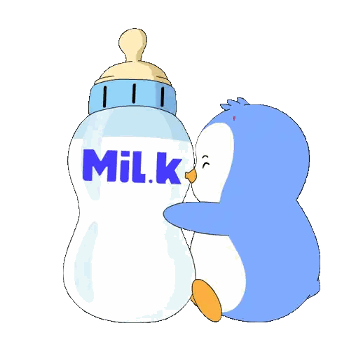 A Penguin Is Hugging A Bottle Of Milk With The Word Milk On It Sticker