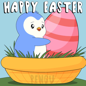 A Penguin Is Hugging An Easter Egg In A Basket With The Words Happy Easter Written Above It GIF