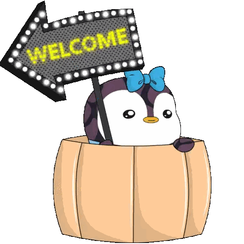 A Penguin Is In A Box Holding A Sign That Says Welcome Sticker
