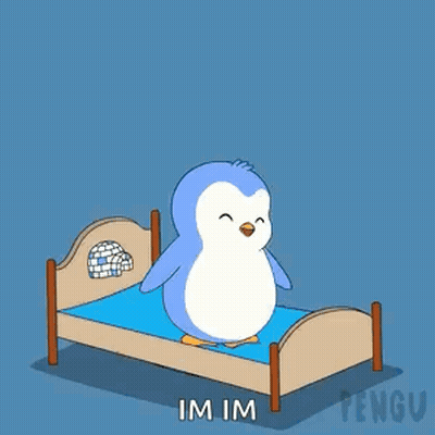 a penguin is jumping over a bed with the words im im written below it