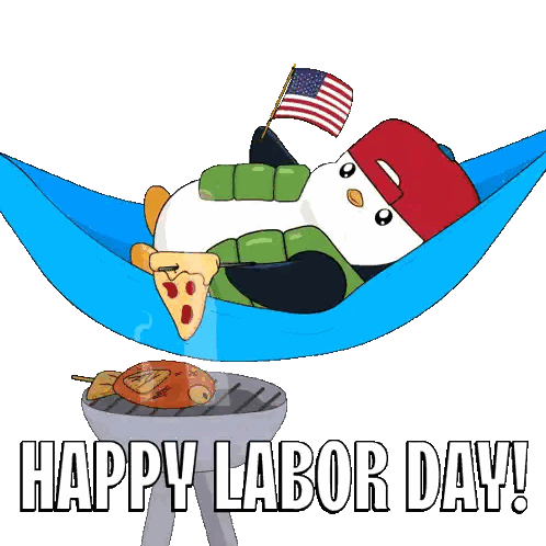 A Penguin Is Laying In A Hammock With A Slice Of Pizza In Its Mouth And The Words Happy Labor Day Below It Sticker