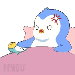 A Penguin Is Laying In Bed Next To An Alarm Clock With The Word Pengu On The Bottom Sticker