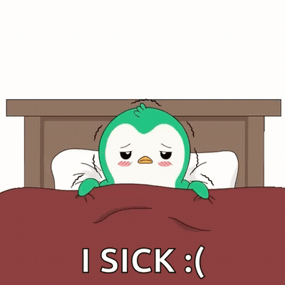 A Penguin Is Laying In Bed With The Words I Sick GIF
