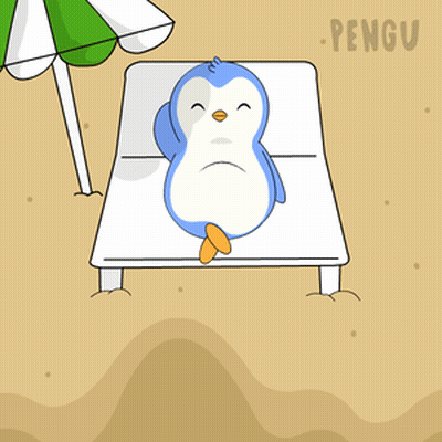 A Penguin Is Laying On A Beach Chair Under An Umbrella With The Word Pengu Below It GIF