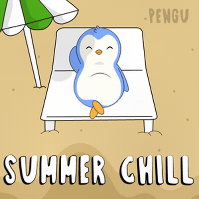 A Penguin Is Laying On A Beach Chair Under An Umbrella With The Words Summer Chill GIF