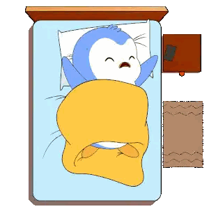 A Penguin Is Laying On A Bed With A Pillow And Blanket Sticker