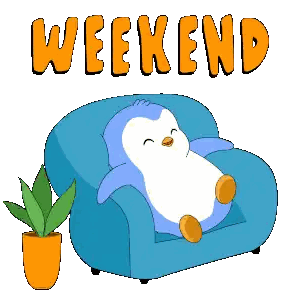 A Penguin Is Laying On A Blue Couch With The Word Weekend Written Above It Sticker