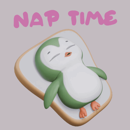 A Penguin Is Laying On A Piece Of Bread With The Words Nap Time Written Above It GIF