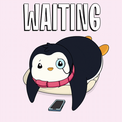 A Penguin Is Laying On A Pillow With A Cell Phone And The Word Waiting Behind It GIF