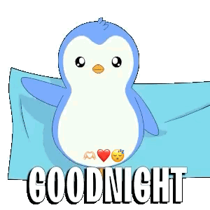 A Penguin Is Laying On A Pillow With The Words `` Good Night '' Written Below It . GIF