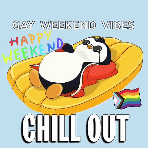 A Penguin Is Laying On A Yellow Raft With The Words Gay Weekend Vibes Chill Out Written Below It GIF