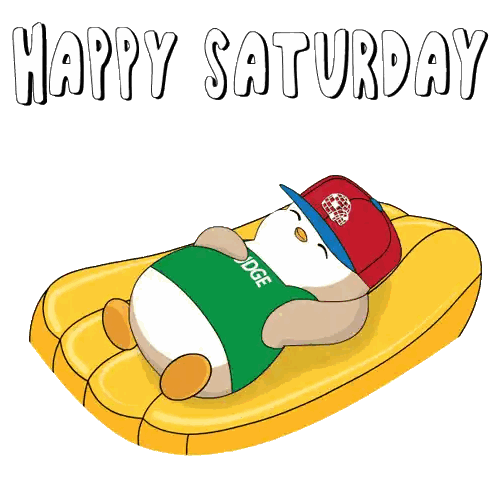 A Penguin Is Laying On A Yellow Raft With The Words Happy Saturday Written On The Bottom Sticker