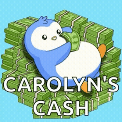 A Penguin Is Laying On Top Of A Pile Of Money With The Words Carolyn 'S Cash Below It . GIF