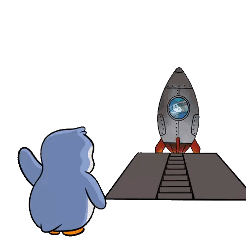 A Penguin Is Looking At A Rocket Taking Off Sticker