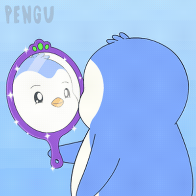 A Penguin Is Looking At Its Reflection In A Hand Mirror With The Word Pengu On The Bottom GIF