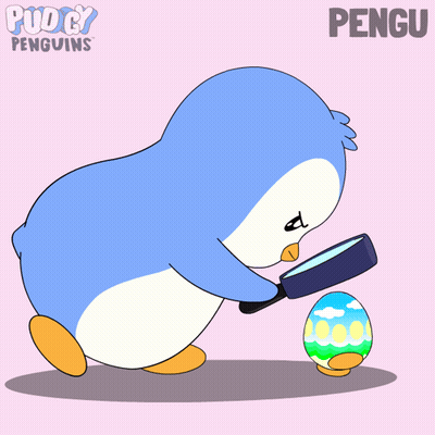 A Penguin Is Looking Through A Magnifying Glass At An Easter Egg And The Name Pengu Is On The Bottom Right GIF