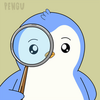 A Penguin Is Looking Through A Magnifying Glass With Pengu Written In The Corner GIF