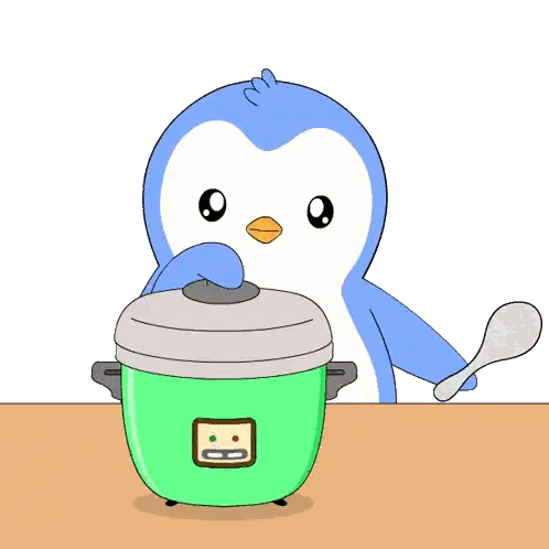 A Penguin Is Opening A Green Rice Cooker With A Spoon Sticker