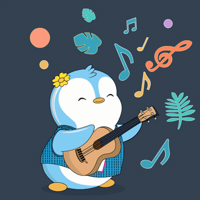 A Penguin Is Playing An Ukulele With Music Notes Flying Around Him GIF