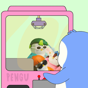 A Penguin Is Playing With Stuffed Animals In A Pink Claw Machine That Says Pengu On It GIF