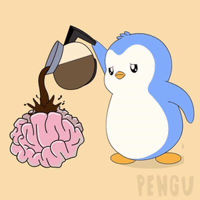 A Penguin Is Pouring Coffee Into A Brain And The Word Pengu Is On The Bottom GIF