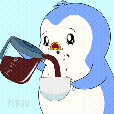 A Penguin Is Pouring Coffee Into A Cup And The Word Pengu Is On The Bottom GIF