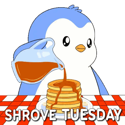 A Penguin Is Pouring Syrup On A Stack Of Pancakes With Shrove Tuesday Written Below It Sticker