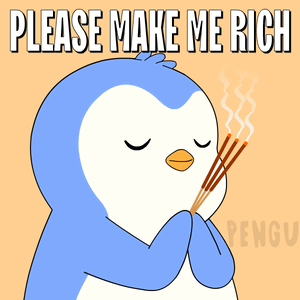 A Penguin Is Praying With Incense Sticks And The Words Please Make Me Rich Are Above It GIF