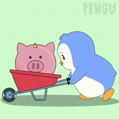 A Penguin Is Pushing A Wheelbarrow With A Piggy Bank Inside Of It GIF