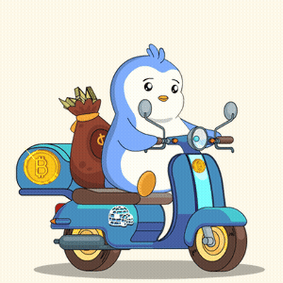 A Penguin Is Riding A Blue Scooter With A Bag Of Money On Its Back GIF