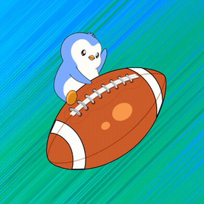 A Penguin Is Riding A Football With A Coin In Its Mouth GIF