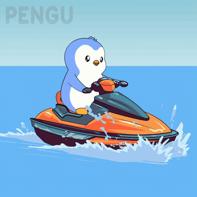 A Penguin Is Riding A Jet Ski In The Ocean With Pengu Written On The Bottom GIF