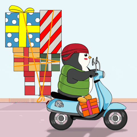 Penguin Riding Scooter With Gifts GIF