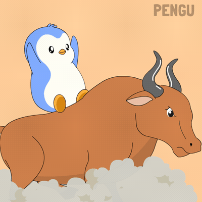A Penguin Is Riding On The Back Of A Bull And The Word Pengu Is Above It GIF