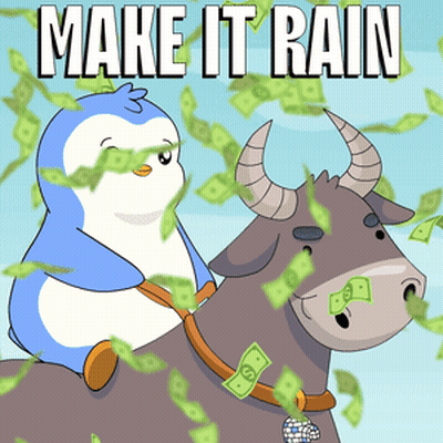 A Penguin Is Riding On The Back Of A Bull With The Words Make It Rain Behind Them GIF