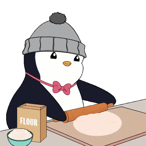 A Penguin Is Rolling Dough Next To A Box Of Flour And A Bowl Of Flour Sticker