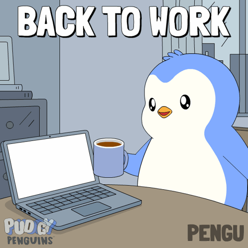 Penguin Sitting At Desk With Coffee And Laptop GIF