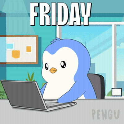 A Penguin Is Sitting At A Desk Using A Laptop With The Words Friday Written Above It GIF