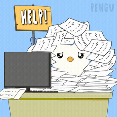 A Penguin Is Sitting At A Desk With A Sign That Says Help On It GIF