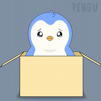 A Penguin Is Sitting In A Cardboard Box With The Word Pengu Written On The Bottom GIF
