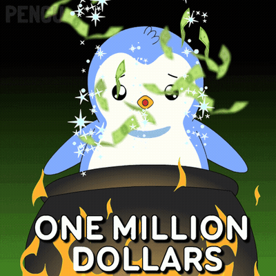A Penguin Is Sitting In A Cauldron With One Million Dollars Written On It GIF