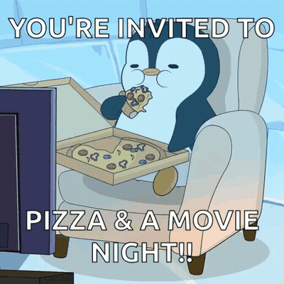 A Penguin Is Sitting In A Chair With A Box Of Pizza And The Words You 'Re Invited To Pizza & A Movie Night GIF