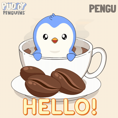 A Penguin Is Sitting In A Cup Of Coffee With The Words Hello Written Below It GIF