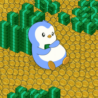 A Penguin Is Sitting In A Pile Of Gold Coins Holding A Stack Of Money GIF